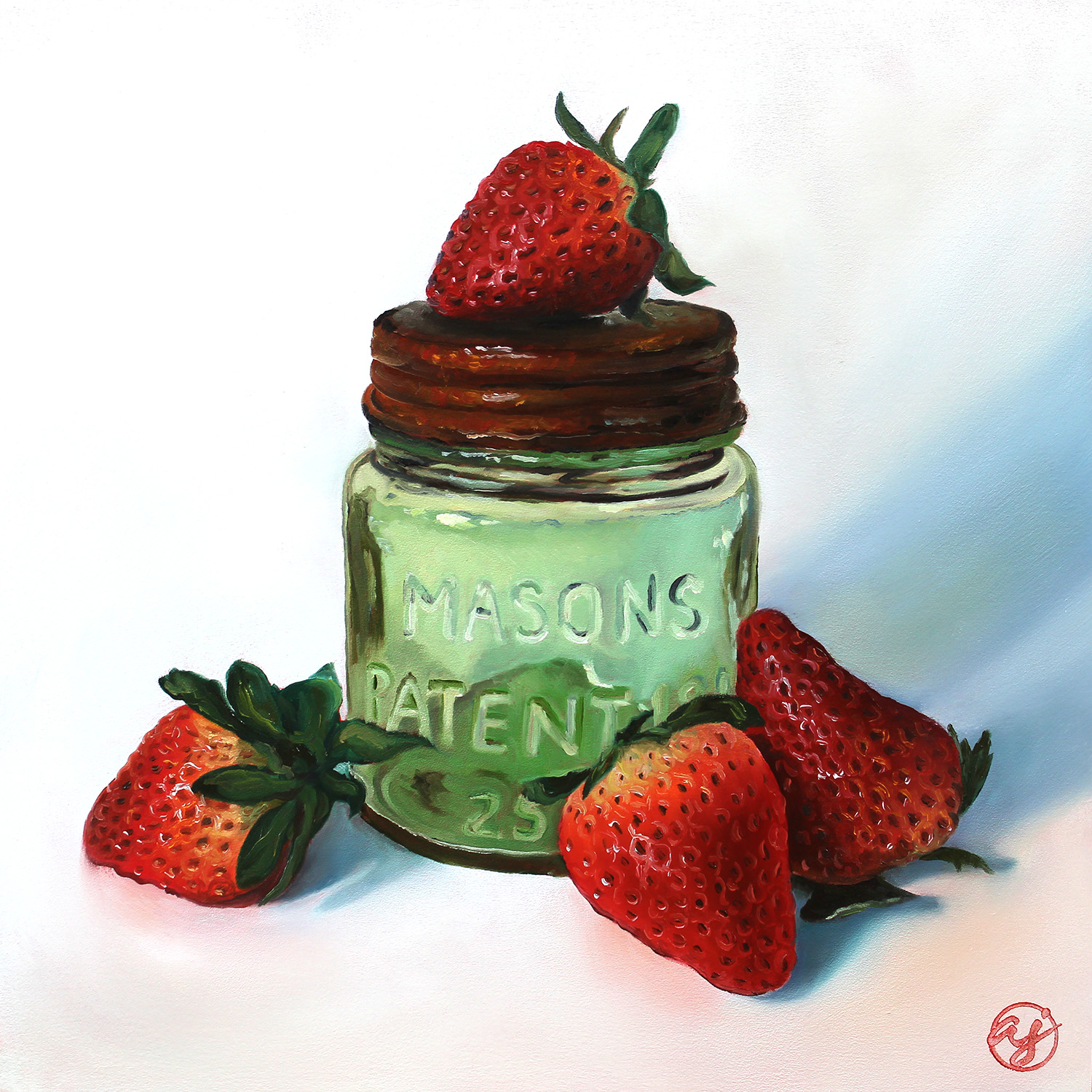 "Green Mason and Strawberries" 12x12 Original Oil Painting by Abra Johnson