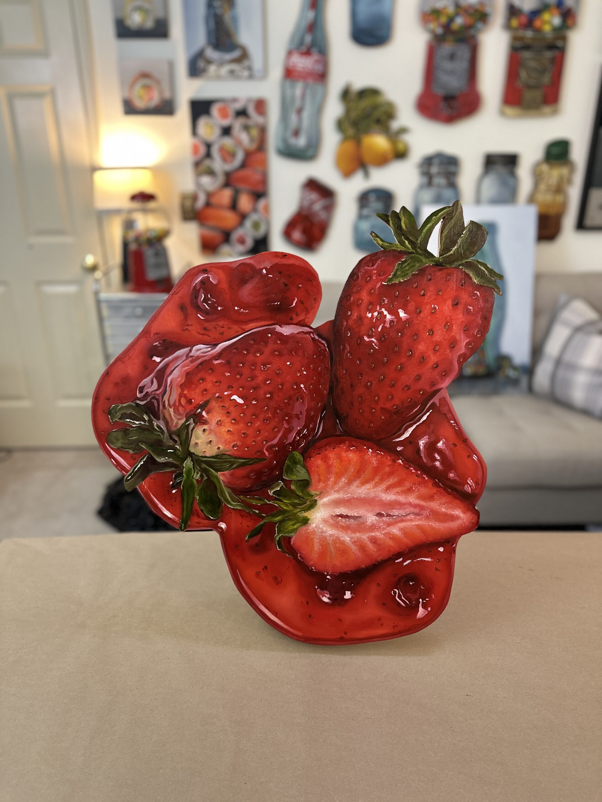 "Saucy Strawberries" 20x23" Original 3D Cut-Out Oil Painting by Abra Johnson